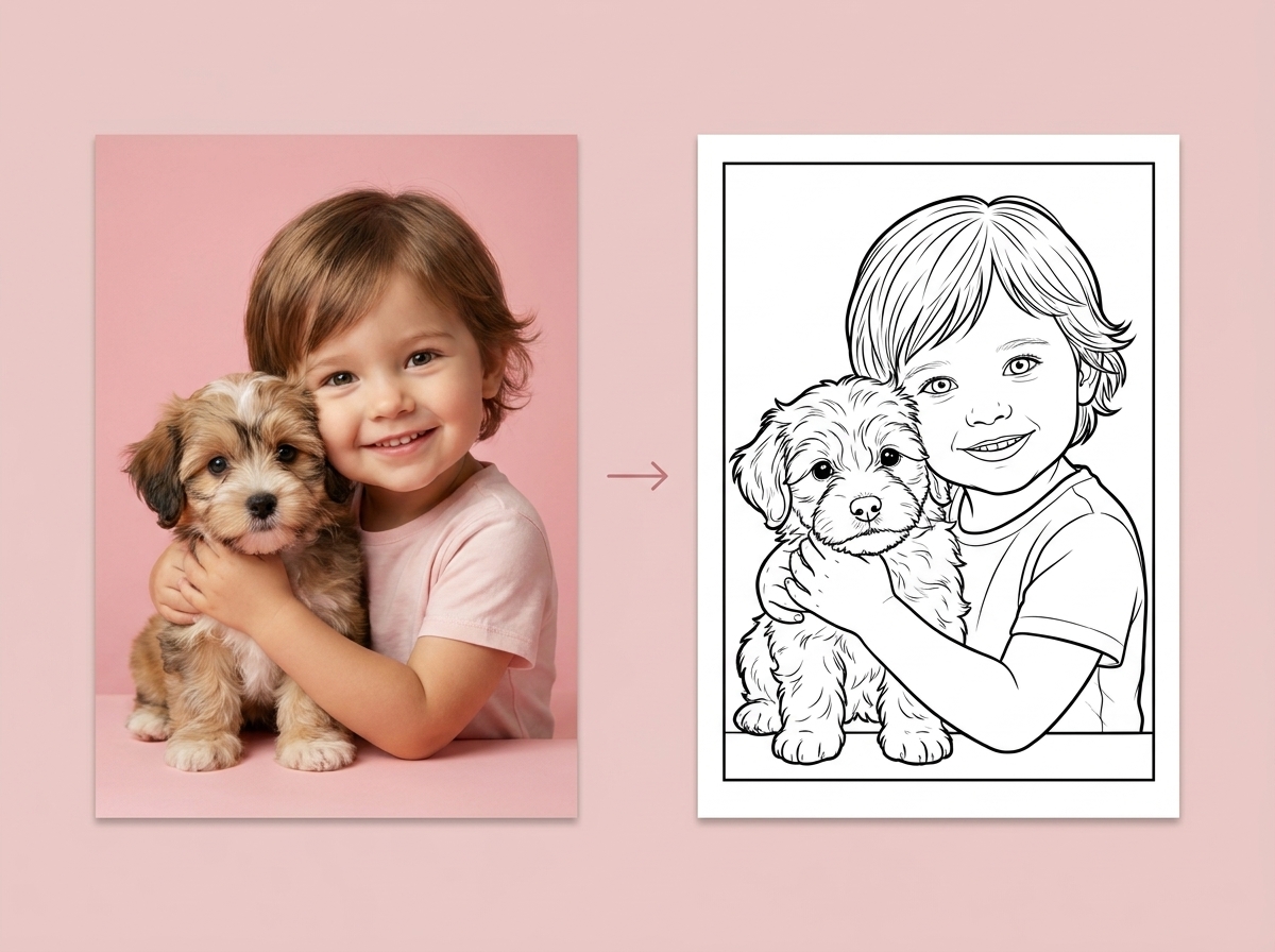 Çocuk ve köpeğinin fotoğrafının ona özel boyama sayfasına dönüşümü