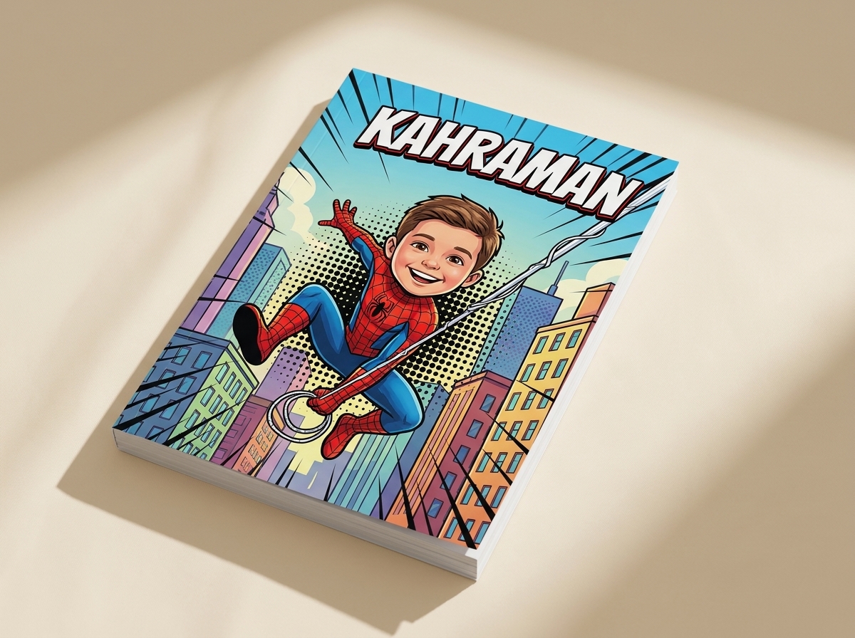 KAHRAMAN kapaklı basılı çizgi roman örneği — örümcek kostümlü kahraman çocuk